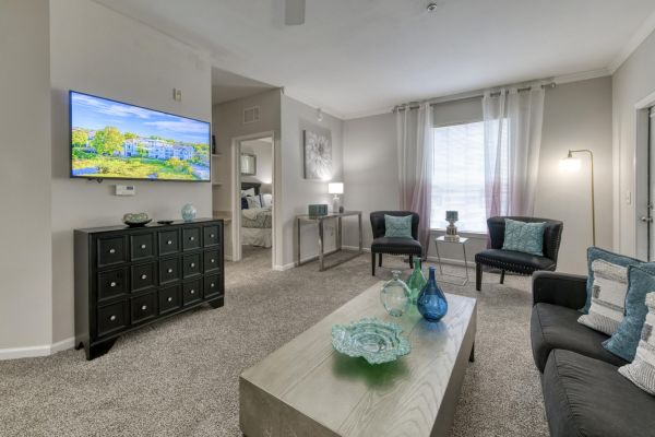 Integra Landing Modern living room with gray carpet, black furniture, decorative vases, and a TV mounted on the wall.