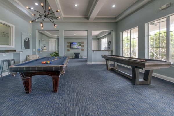Integra Landing A spacious game room with a pool table and shuffleboard table, filled with natural light from large windows.